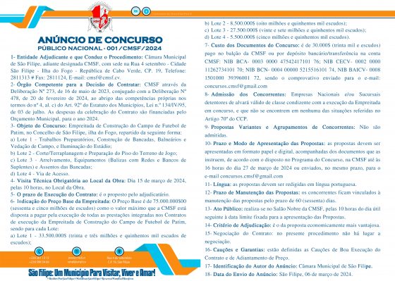 ANÚNCIO DE CONCURSO PÚBLICO NACIONAL – 001/CMSF/2024