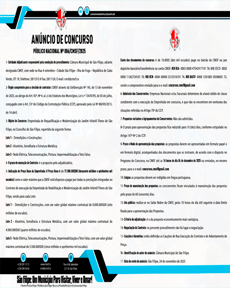 ANÚNCIO DE CONCURSO PÚBLICO NACIONAL Nº 006/CMSF/2025